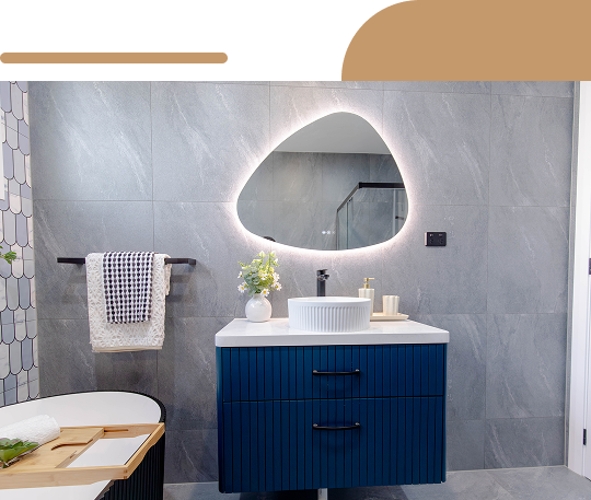 Modern bathroom vanity with blue cabinet