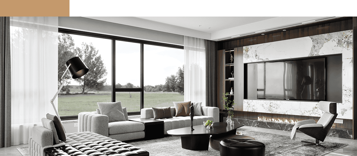 Modern custom home living room with large windows